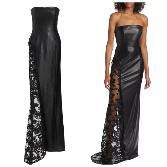 Alice + Olivia Retha Faux Leather Lace Mesh Strapless Maxi Dress In Black Size 0 - Picture 1 of 12